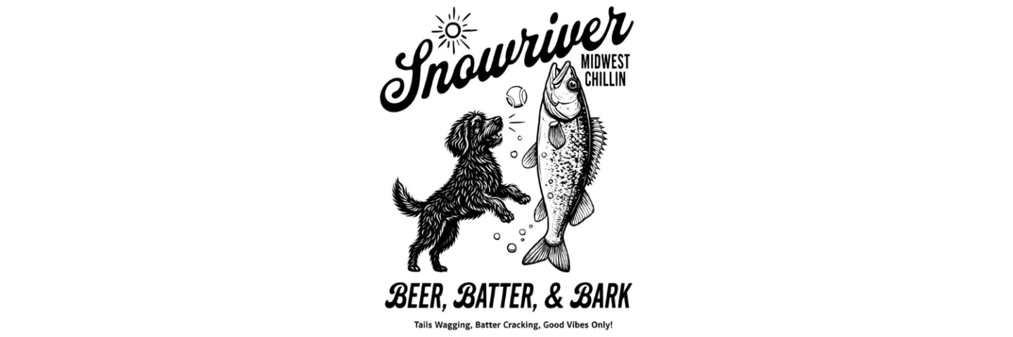 Dog playfully interacts with a fish, Snowriver logo.