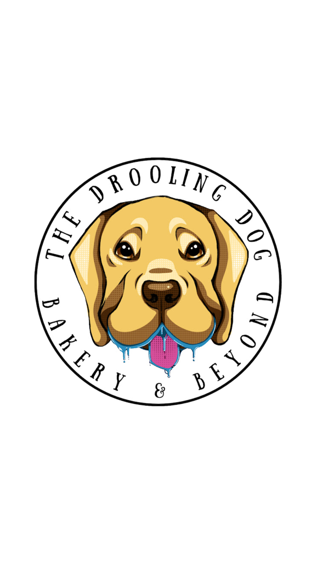 Golden retriever with drooling tongue, circular logo design.