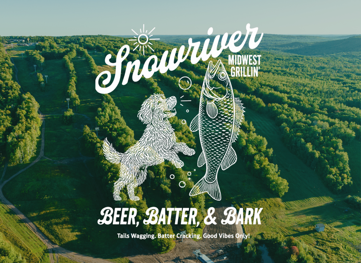 Logo of a dog and fish over a green hilly landscape.