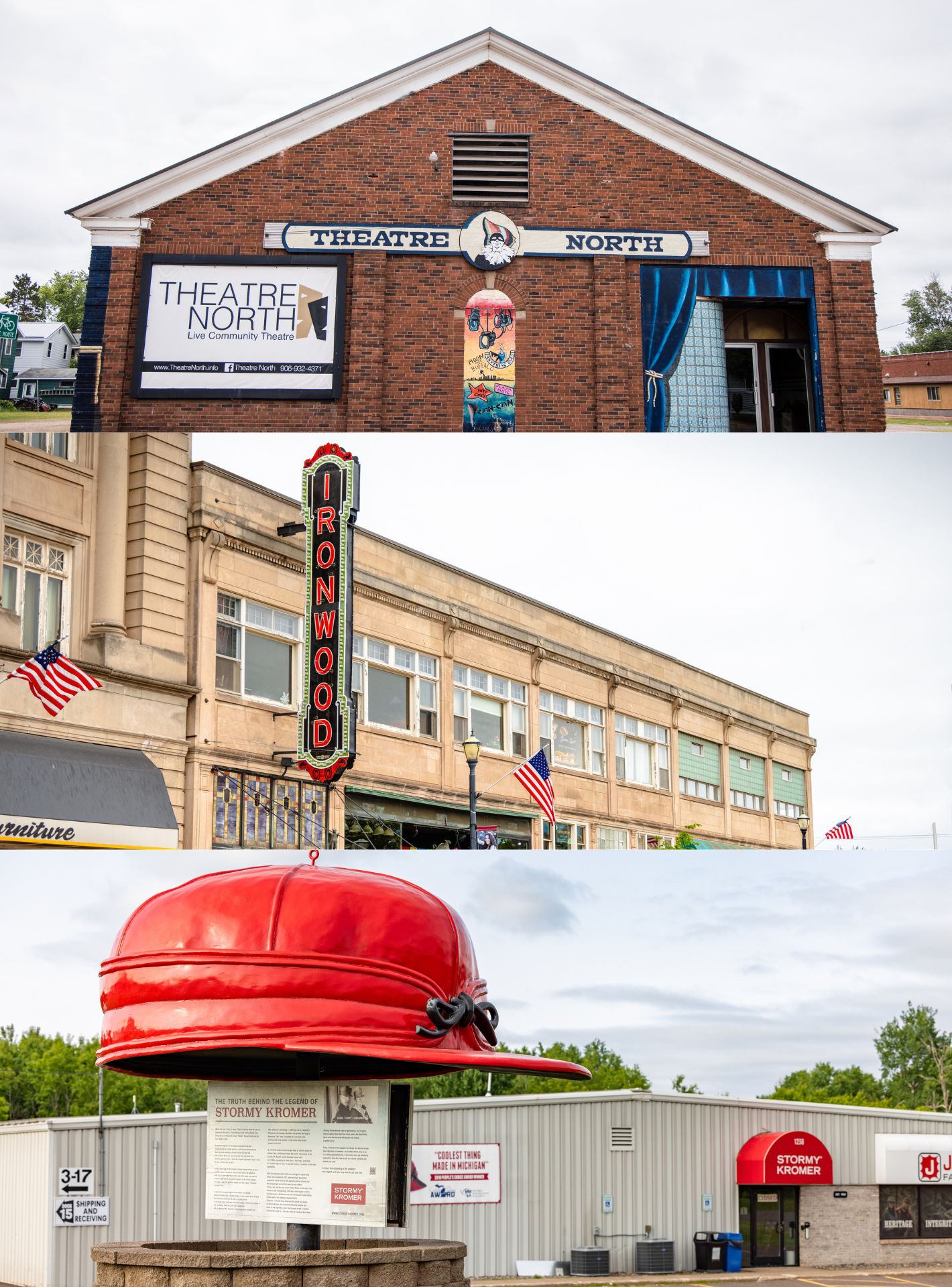 Three images: a theater entrance, a vintage building with retro signage, and a giant red hat sculpture.