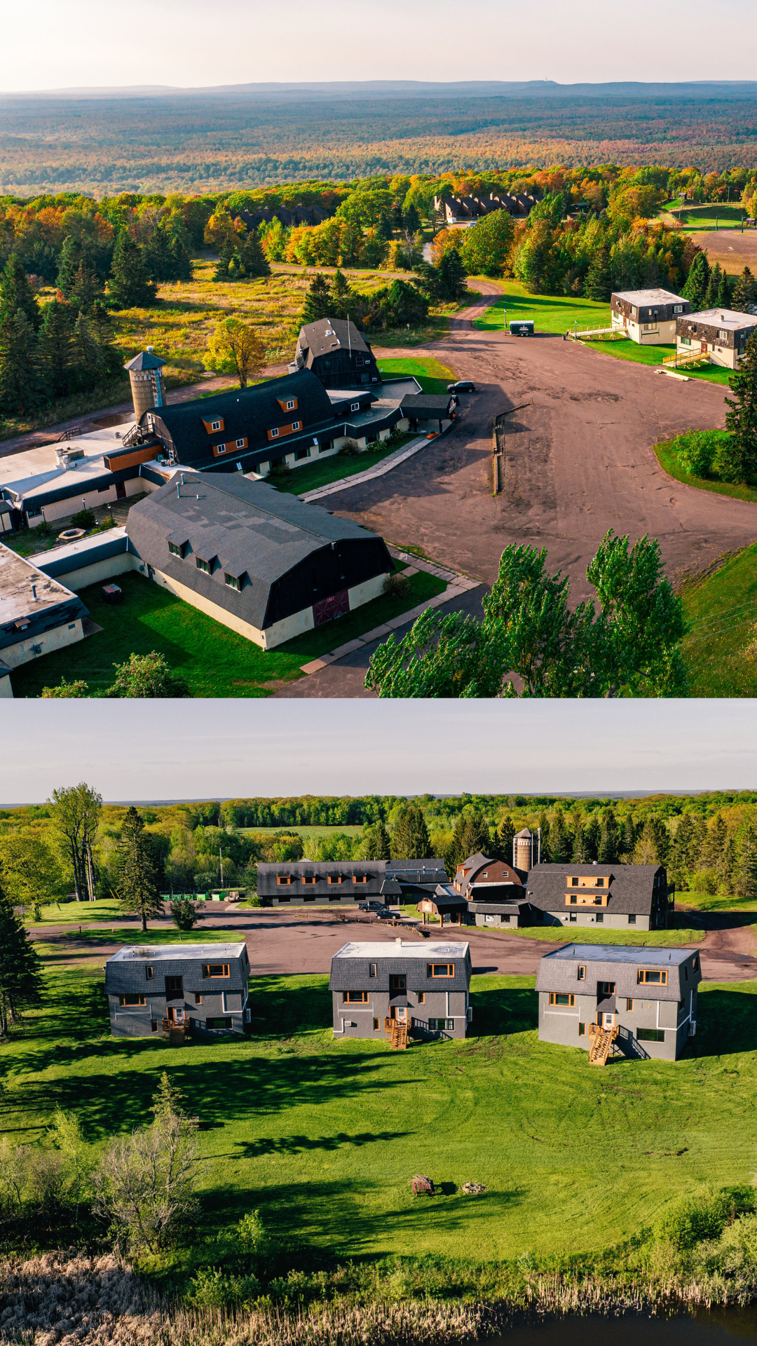 Top aerial view of buildings surrounded by trees; bottom view of houses on a grassy field.