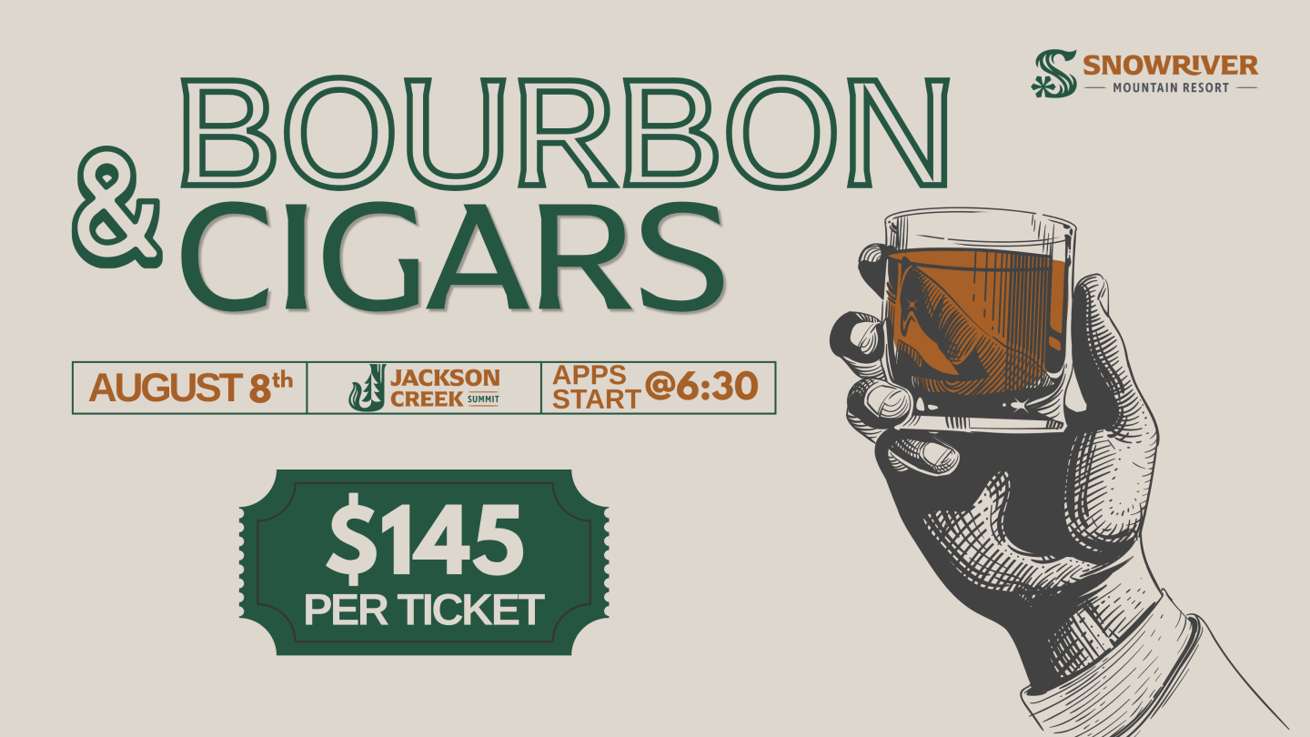 Hand holding a glass of bourbon next to event details and price.