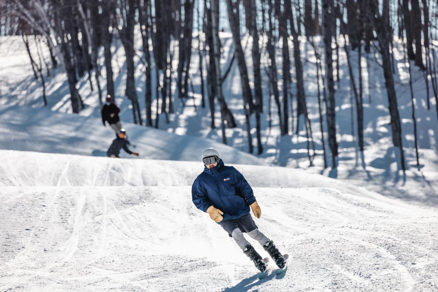 Skiers on a snowy slope, surrounded by bare trees.