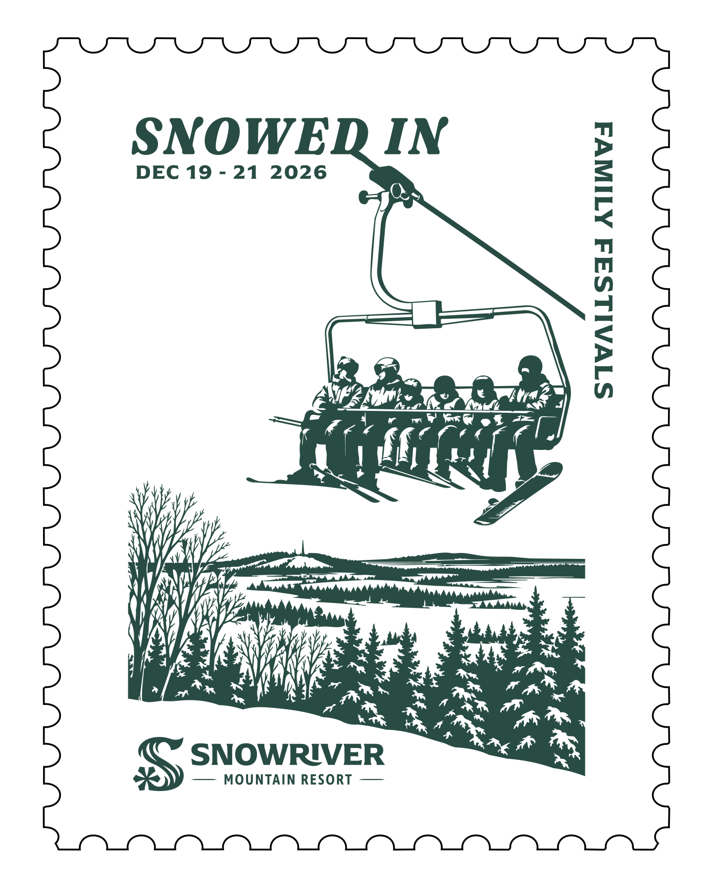 Snowriver postage stamp with a snowy chairlift scene