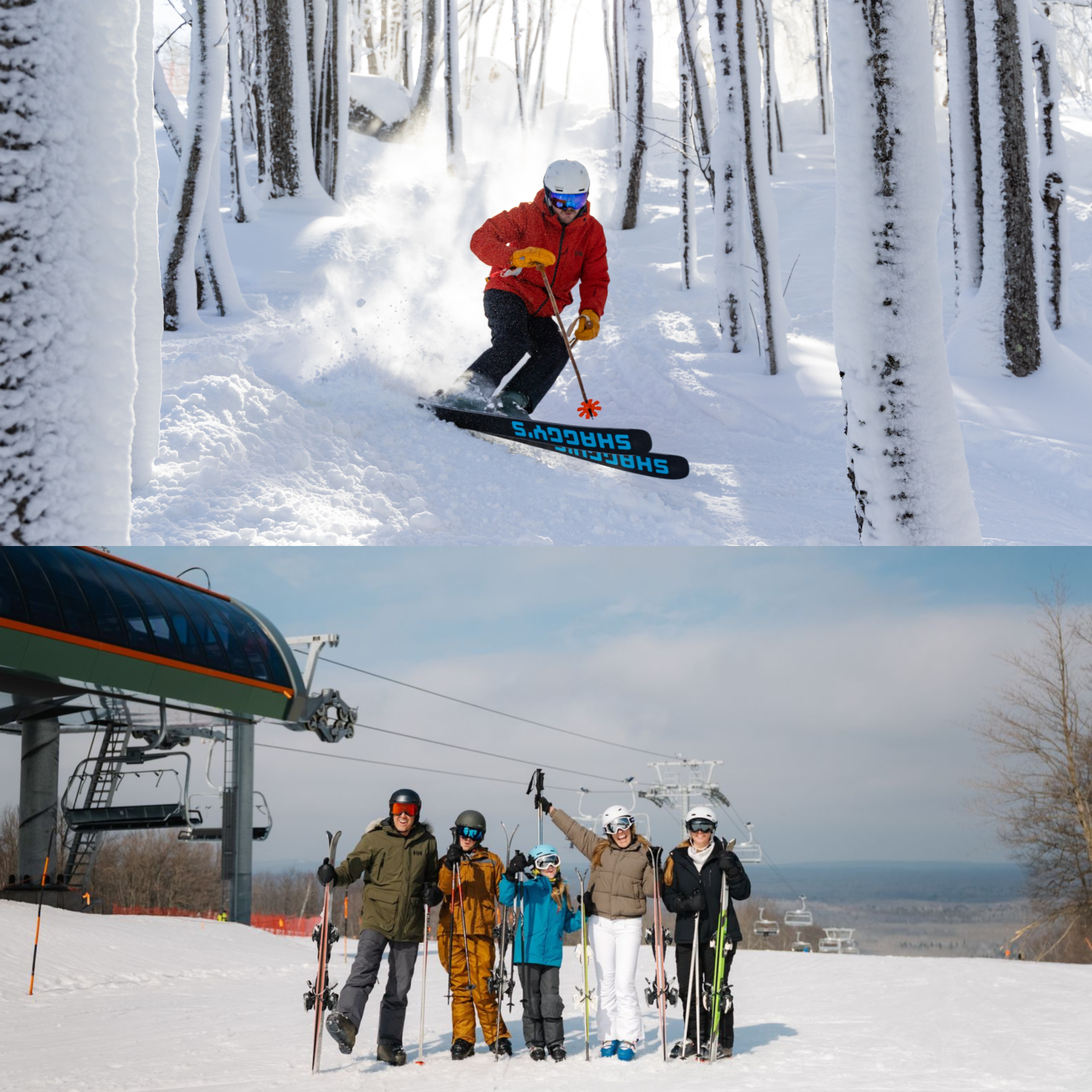 Skier carving through snowy trees above group of skiers posing at a lift.