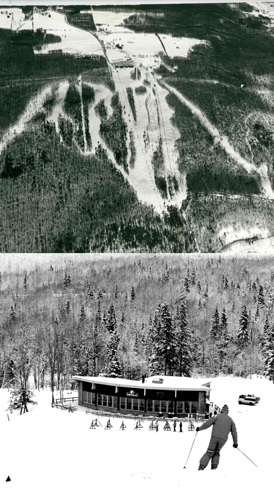 Aerial waterfall above a snowy forest lodge with people skiing nearby.