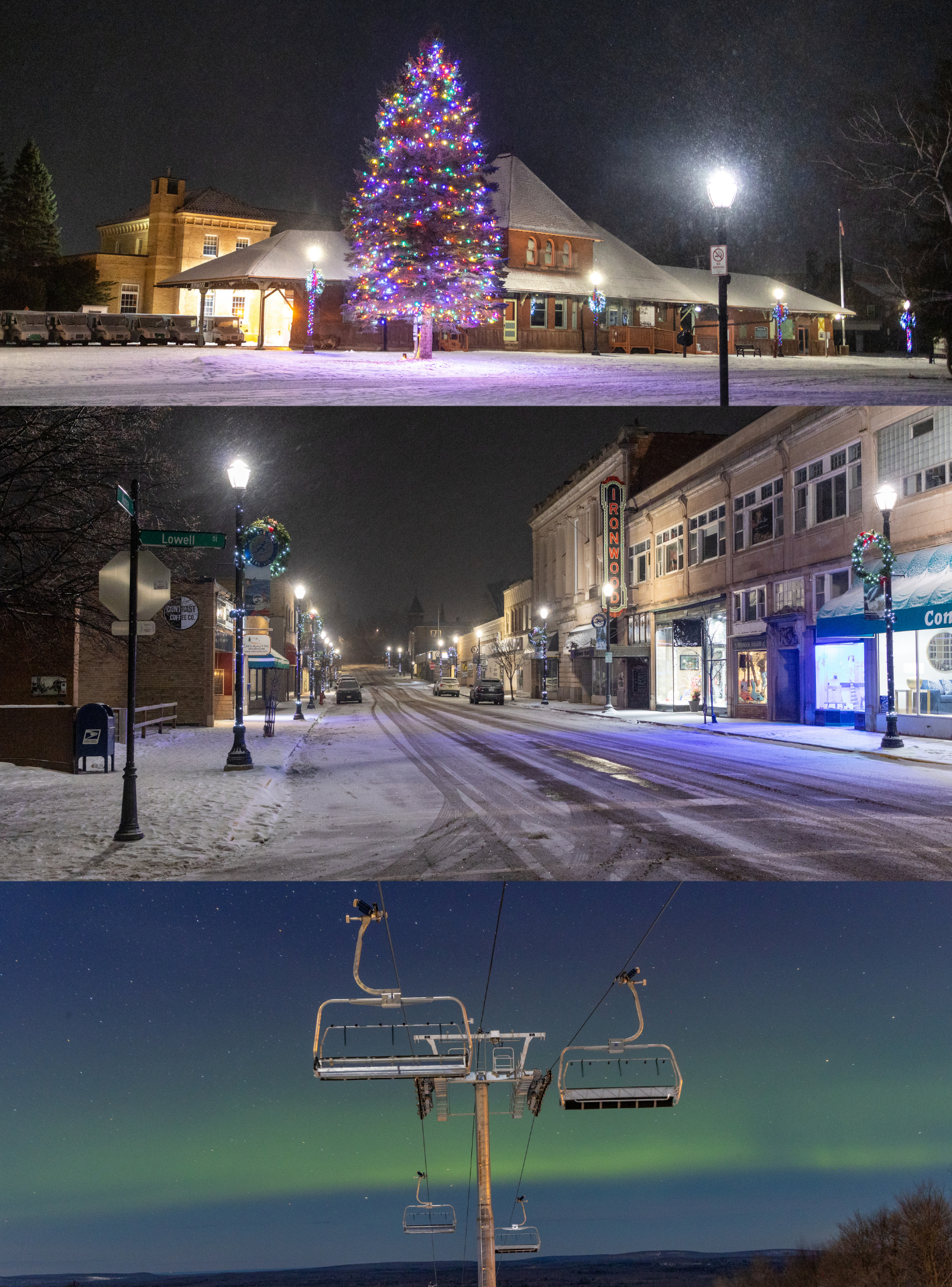 Three snowy nighttime scenes: a lit Christmas tree, a street, and ski lift chairs under aurora.